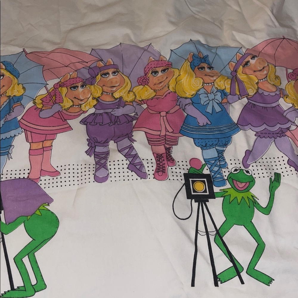 Vintage Lady Pepperell Miss Piggy Kermit Queen Flat Sheet Fabric DIY Jim Henson